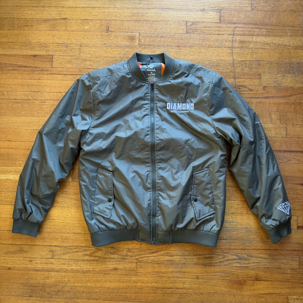 Diamond Supply Co. Mens XL Bomber Jacket Windbreaker Olive‎ Green Logo